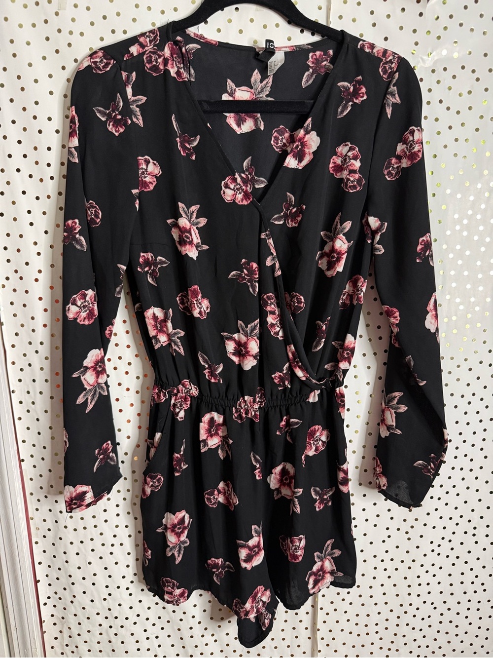 H&M Black Long Sleeve Floral  Romper with Pink Blooms